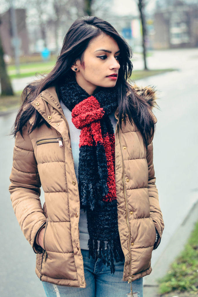 Quilted Jacket Ripped Jeans Winter look