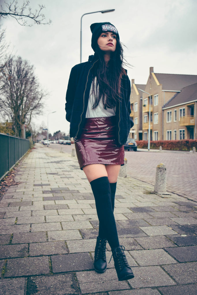 latex skirt knee high boots winter fashion bomber jacket